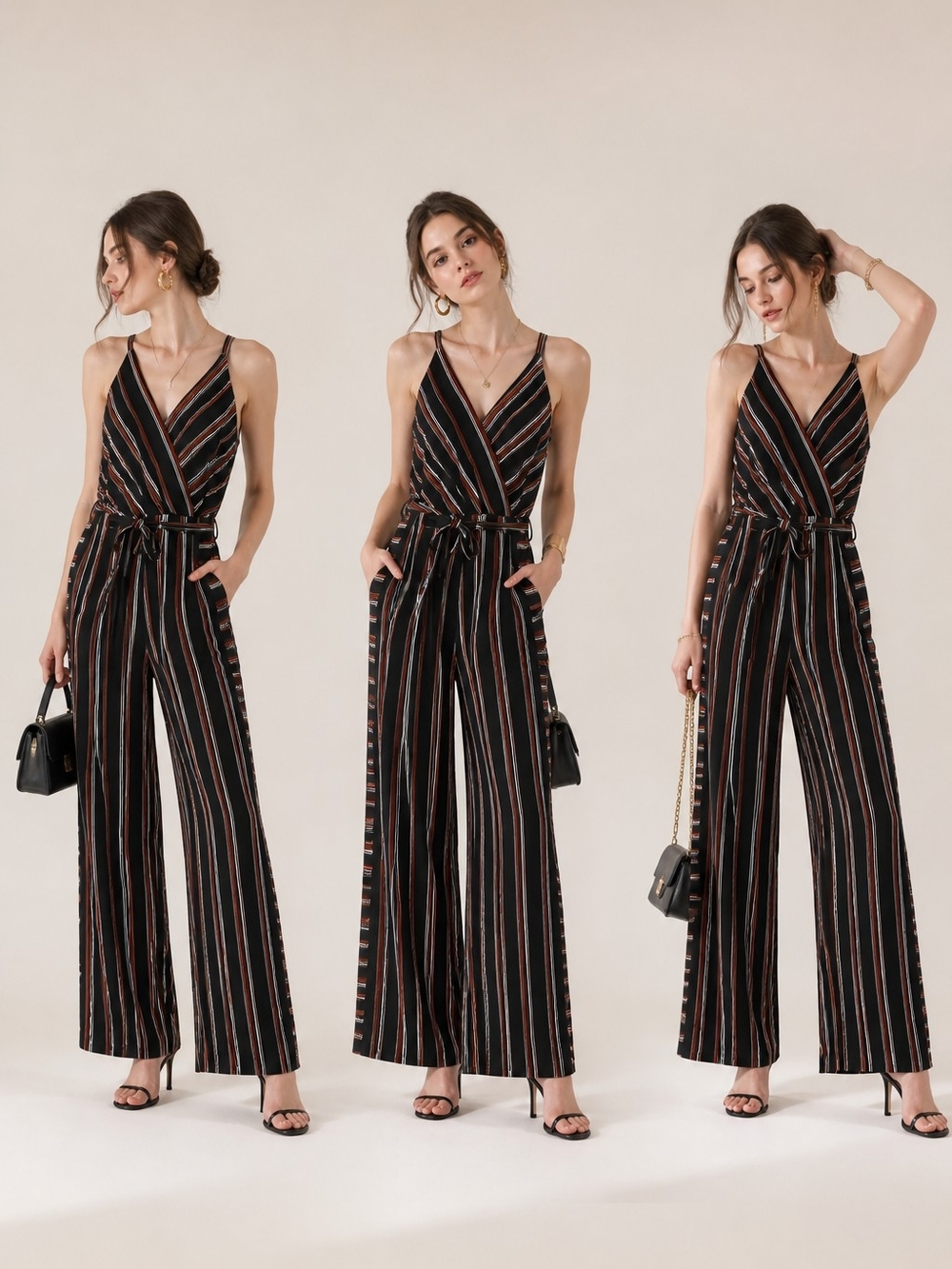 Striped Black V-Neck Wide-Leg Jumpsuit with Tie Waist No Pockets